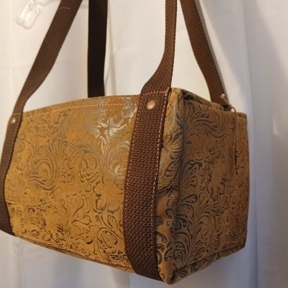 New Southwestern Velvet Tooled Brown Faux Leather Mini Duffle Tote Shoulder Bag - Picture 6 of 10